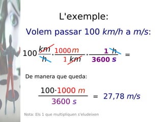 L'exemple: km m 1000 1 h s . . 1 3600 De manera que queda: 100· 1000  m 3600   s = 27,78  m/s = Nota: Els 1 que multipliqu...