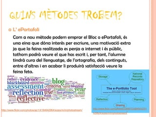 QUINS MÈTODES TROBEM?
        L’ ePortafoli
         Com a nou mètode podem emprar el Bloc o ePortafoli, és
         una eina que dóna interès per escriure, una motivació extra
         ja que la feina realitzada es penja a internet i és públic,
         tothom podrà veure el que has escrit i, per tant, l’alumne
         tindrà cura del llenguatge, de l’ortografia, dels continguts,
         entre d’altres i en acabar li produirà satisfacció veure la
         feina feta.




                                                                       http://www.flickr.com/photos/23898723@N00/2251
http://www.flickr.com/photos/ajc1/4184642964/sizes/m/in/photostream/
                                                                                                   /
                                                                       429824/sizes/m/in/photostream
 