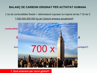 BALANÇ DE CARBONI ORIGINAT PER ACTIVITAT HUMANA
L’ús de combustibles fòssils + deforestació suposen la majoria de les 7 Gt de C
7.000.000.000.000 kg de Carboni emesos anualment!!

combustibles fòssils

canvis ús del sòl

5,5(0,5) + 1,6(1,0) = 3,2(0,2) + 2,0(0,8) + 1,9
acumulació atm

700 x

absorció oceans

1. Què entenem per canvi global?

embornal (desconegut?)

 