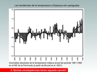 Les tendències de la temperatura a Espanya són paregudes

Anomalies absolutes de la temperatura mitjana anual del periode 1961-1990
en el NE de la Península (a partir de Brunet et al. 2001).

2. Quines conseqüències tenen aquests canvis?

 