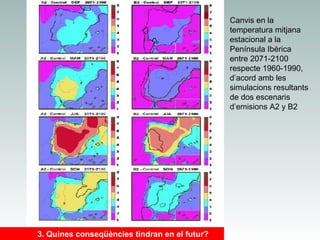 Canvis en la
temperatura mitjana
estacional a la
Península Ibèrica
entre 2071-2100
respecte 1960-1990,
d’acord amb les
simulacions resultants
de dos escenaris
d’emisions A2 y B2

3. Quines conseqüències tindran en el futur?

 