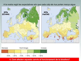 A la nostra regió les expectatives són que cada colp els rius porten menys aigua

4. Com afecten aquests canvis al funcionament de la biosfera?

 