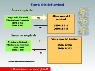 Canvis d’ús del territori
Árees tropicals
Vegetació Natural i
Plantacions Forestals
1990: 1 945
2000: 1 803

142

18

Altres usos del
territori
1990: 2 819
2000: 2 943

Árees no tropicals
Vegetació Natural i
Plantacions Forestals

4

Altres usos del territori
1990: 6 280
2000: 6 252

1990: 1 863
2000: 1 879
33

Dades en m
ilions d’hectàrees

1. Què entenem per canvi global?

 