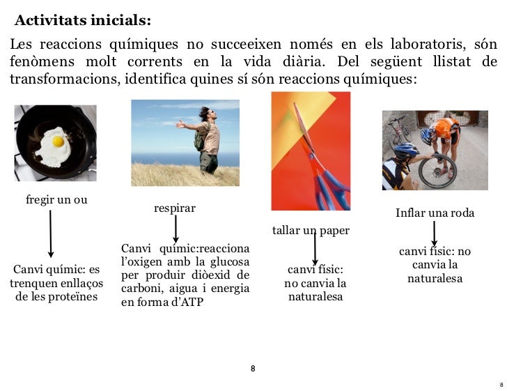 Activitats inicials:Les reaccions químiques no succeeixen només en els laboratoris, sónfenòmens molt corrents en la vida d...