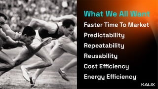 What We All Want
Faster Time To Market
Predictability
Repeatability
Reusability
Cost E
ffi
ciency
Energy E
ffi
ciency
 