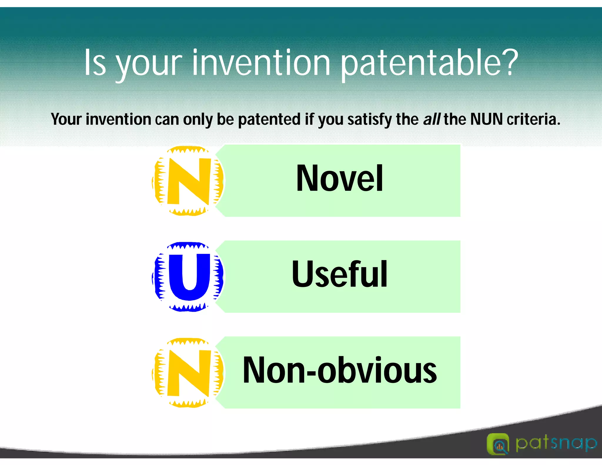 Is your invention patentable?
NovelNovel
UsefulUseful
NonNon--obviousobvious
Your invention can only be patented if you satisfy the all the NUN criteria.
 