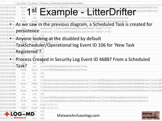 • As we saw in the previous diagram, a Scheduled Task is created for
persistence
• Anyone looking at the disabled by default
TaskScheduler/Operational log Event ID 106 for ‘New Task
Registered’?
• Process Created in Security Log Event ID 4688? From a Scheduled
Task?
c
1st Example - LitterDrifter
MalwareArchaeology.com
 