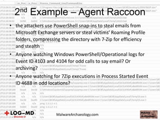 • the attackers use PowerShell snap-ins to steal emails from
Microsoft Exchange servers or steal victims' Roaming Profile
folders, compressing the directory with 7-Zip for efficiency
and stealth
• Anyone watching Windows PowerShell/Operational logs for
Event ID 4103 and 4104 for odd calls to say email? Or
archiving?
• Anyone watching for 7Zip executions in Process Started Event
ID 4688 in odd locations?
2nd Example – Agent Raccoon
MalwareArchaeology.com
 