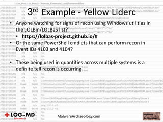 • Anyone watching for signs of recon using Windows utilities in
the LOLBin/LOLBaS list?
• https://lolbas-project.github.io/#
• Or the same PowerShell cmdlets that can perform recon in
Event IDs 4103 and 4104?
• These being used in quantities across multiple systems is a
definite tell recon is occurring
3rd Example - Yellow Liderc
MalwareArchaeology.com
 
