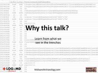 Why this talk?
Learn from what we
see in the trenches
MalwareArchaeology.com
 