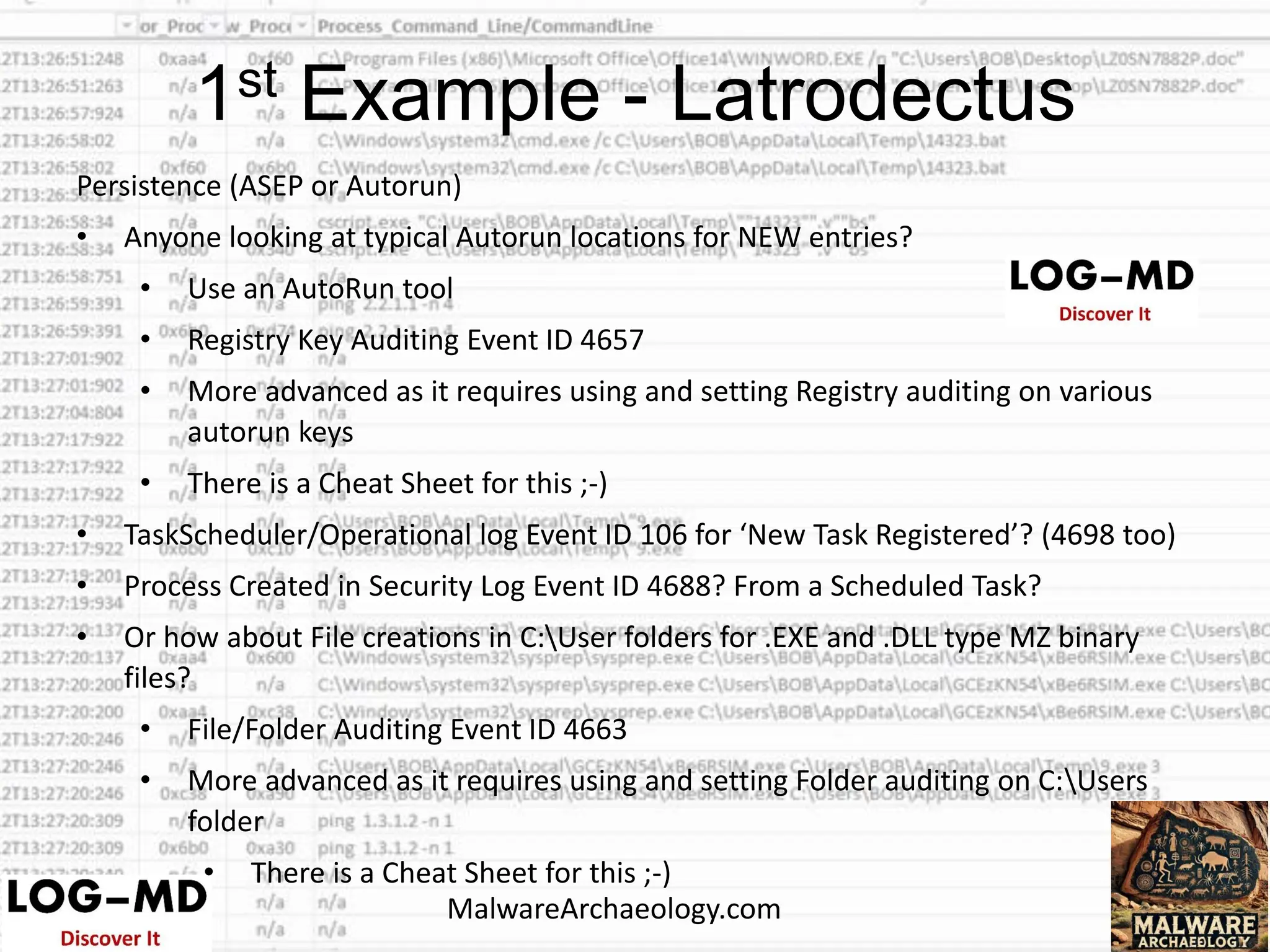 Persistence (ASEP or Autorun)
• Anyone looking at typical Autorun locations for NEW entries?
• Use an AutoRun tool
• Registry Key Auditing Event ID 4657
• More advanced as it requires using and setting Registry auditing on various
autorun keys
• There is a Cheat Sheet for this ;-)
• TaskScheduler/Operational log Event ID 106 for ‘New Task Registered’? (4698 too)
• Process Created in Security Log Event ID 4688? From a Scheduled Task?
• Or how about File creations in C:User folders for .EXE and .DLL type MZ binary
files?
• File/Folder Auditing Event ID 4663
• More advanced as it requires using and setting Folder auditing on C:Users
folder
• There is a Cheat Sheet for this ;-)
1st Example - Latrodectus
MalwareArchaeology.com
 
