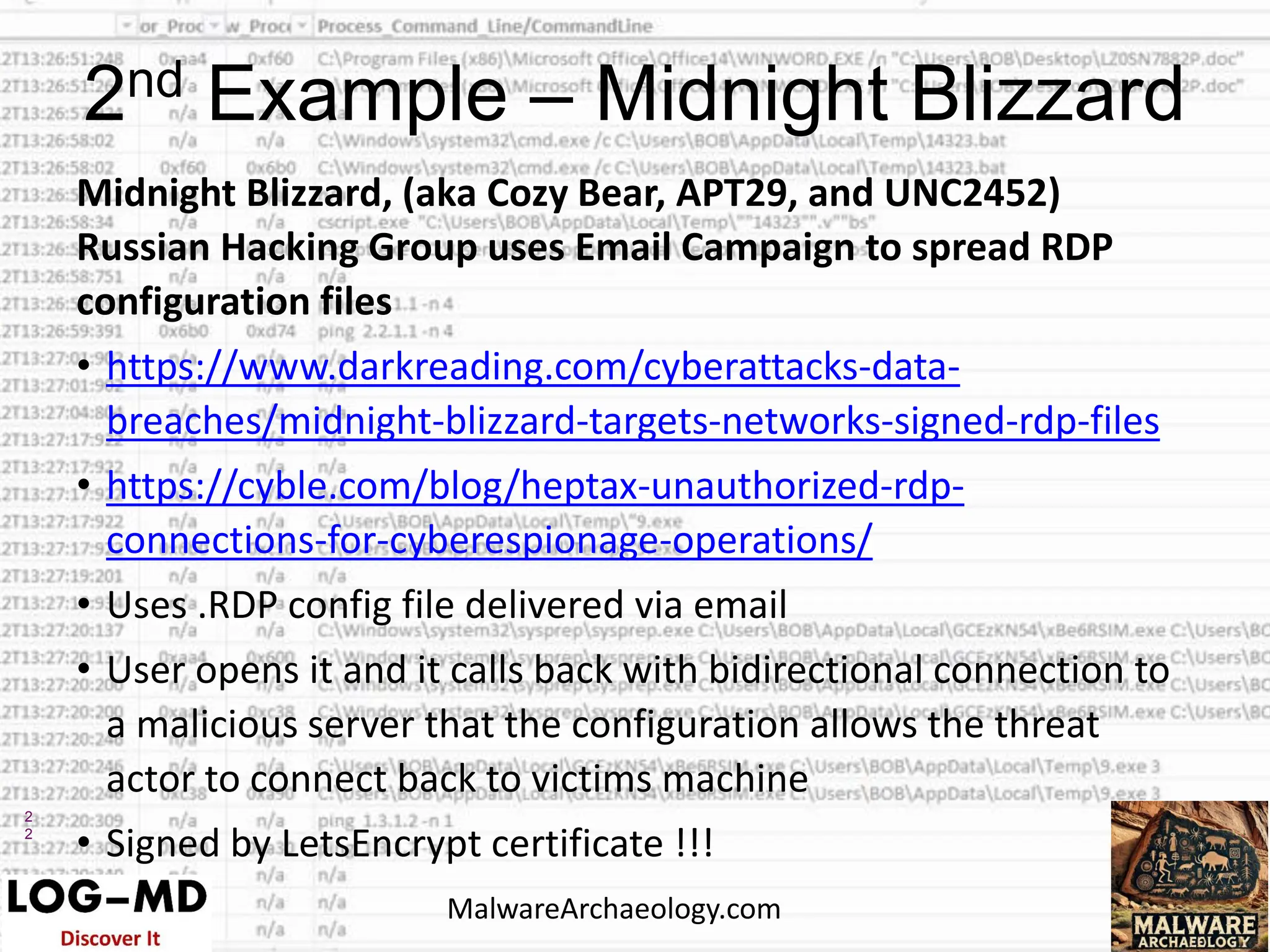 2
2
Midnight Blizzard, (aka Cozy Bear, APT29, and UNC2452)
Russian Hacking Group uses Email Campaign to spread RDP
configuration files
• https://www.darkreading.com/cyberattacks-data-
breaches/midnight-blizzard-targets-networks-signed-rdp-files
• https://cyble.com/blog/heptax-unauthorized-rdp-
connections-for-cyberespionage-operations/
• Uses .RDP config file delivered via email
• User opens it and it calls back with bidirectional connection to
a malicious server that the configuration allows the threat
actor to connect back to victims machine
• Signed by LetsEncrypt certificate !!!
2nd Example – Midnight Blizzard
MalwareArchaeology.com
 