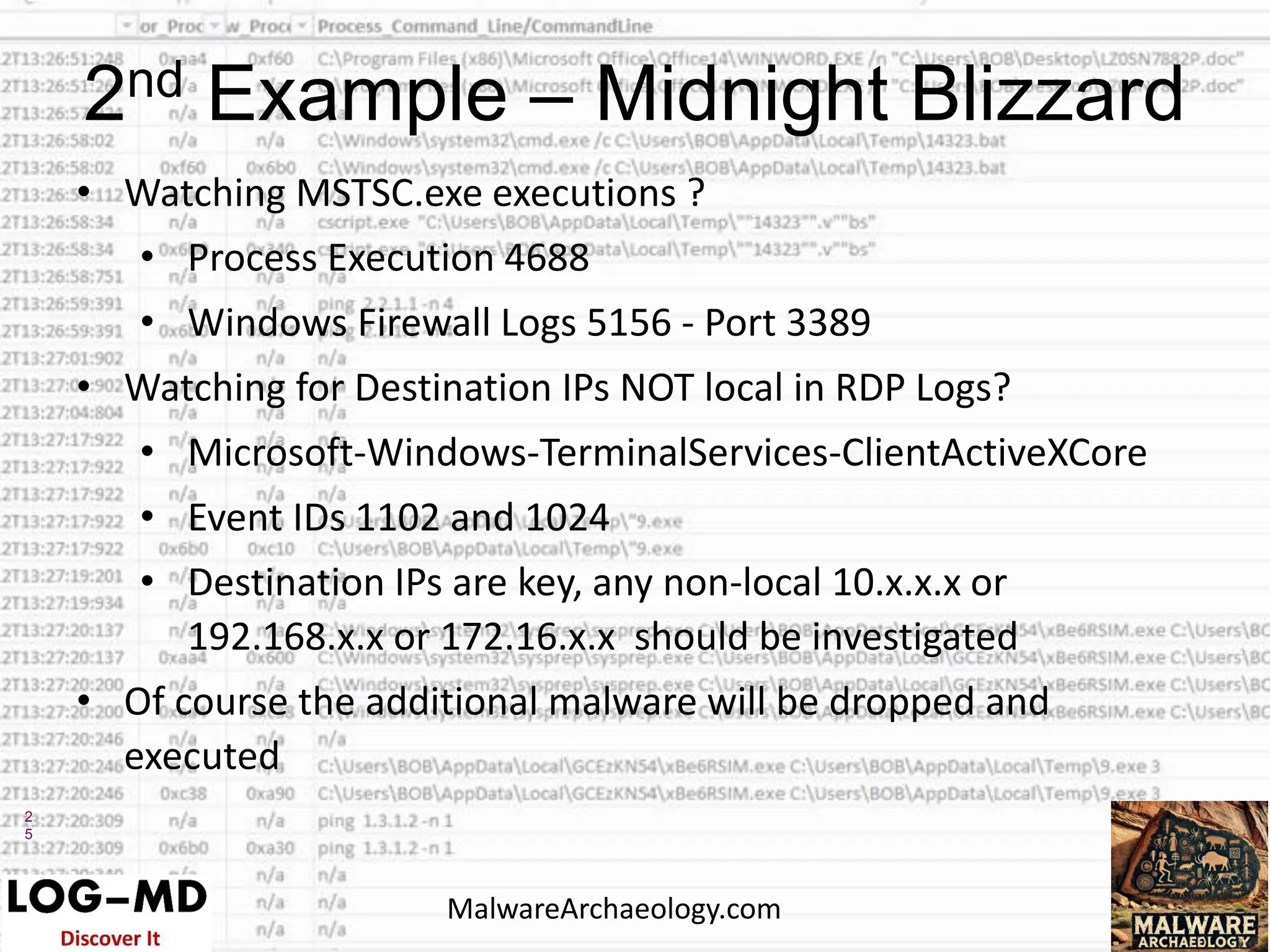 2
5
• Watching MSTSC.exe executions ?
• Process Execution 4688
• Windows Firewall Logs 5156 - Port 3389
• Watching for Destination IPs NOT local in RDP Logs?
• Microsoft-Windows-TerminalServices-ClientActiveXCore
• Event IDs 1102 and 1024
• Destination IPs are key, any non-local 10.x.x.x or
192.168.x.x or 172.16.x.x should be investigated
• Of course the additional malware will be dropped and
executed
2nd Example – Midnight Blizzard
MalwareArchaeology.com
 