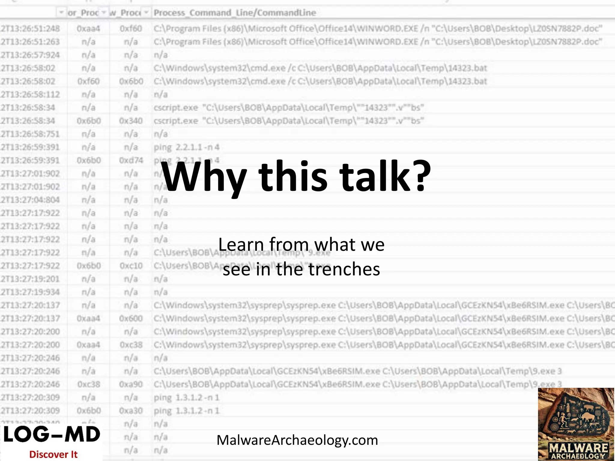 Why this talk?
Learn from what we
see in the trenches
MalwareArchaeology.com
 