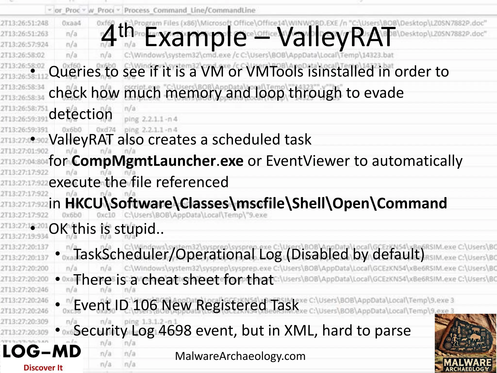 • Queries to see if it is a VM or VMTools isinstalled in order to
check how much memory and loop through to evade
detection
• ValleyRAT also creates a scheduled task
for CompMgmtLauncher.exe or EventViewer to automatically
execute the file referenced
in HKCUSoftwareClassesmscfileShellOpenCommand
• OK this is stupid..
• TaskScheduler/Operational Log (Disabled by default)
• There is a cheat sheet for that
• Event ID 106 New Registered Task
• Security Log 4698 event, but in XML, hard to parse
4th Example – ValleyRAT
MalwareArchaeology.com
 