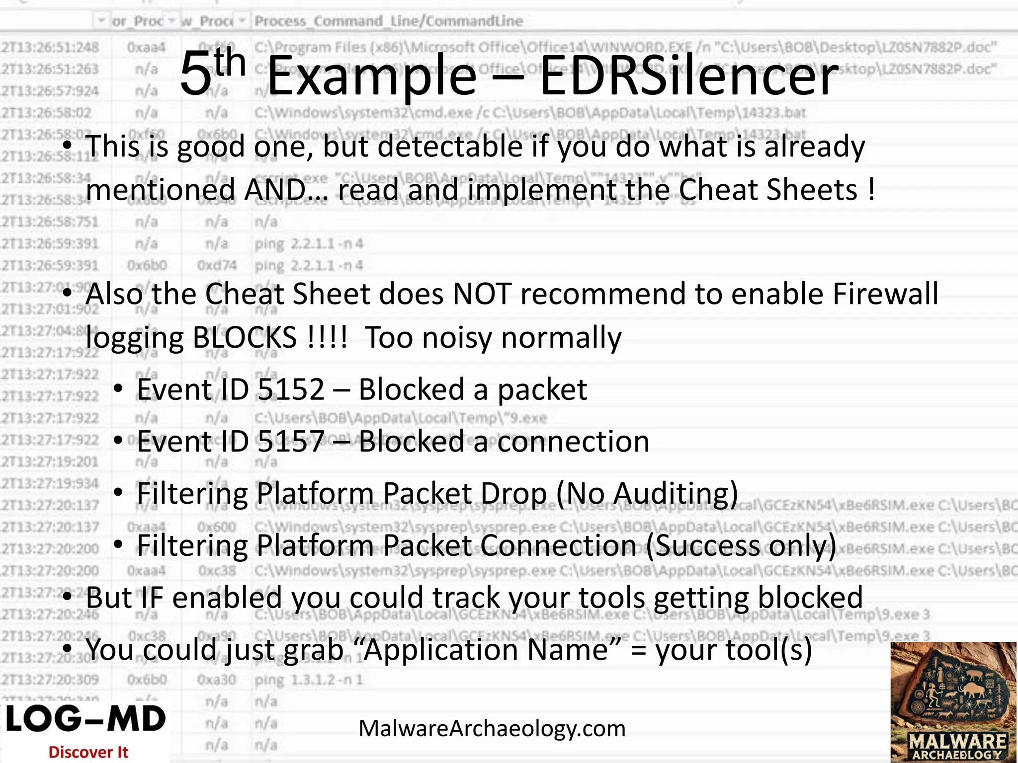 • This is good one, but detectable if you do what is already
mentioned AND… read and implement the Cheat Sheets !
• Also the Cheat Sheet does NOT recommend to enable Firewall
logging BLOCKS !!!! Too noisy normally
• Event ID 5152 – Blocked a packet
• Event ID 5157 – Blocked a connection
• Filtering Platform Packet Drop (No Auditing)
• Filtering Platform Packet Connection (Success only)
• But IF enabled you could track your tools getting blocked
• You could just grab “Application Name” = your tool(s)
5th Example – EDRSilencer
MalwareArchaeology.com
 