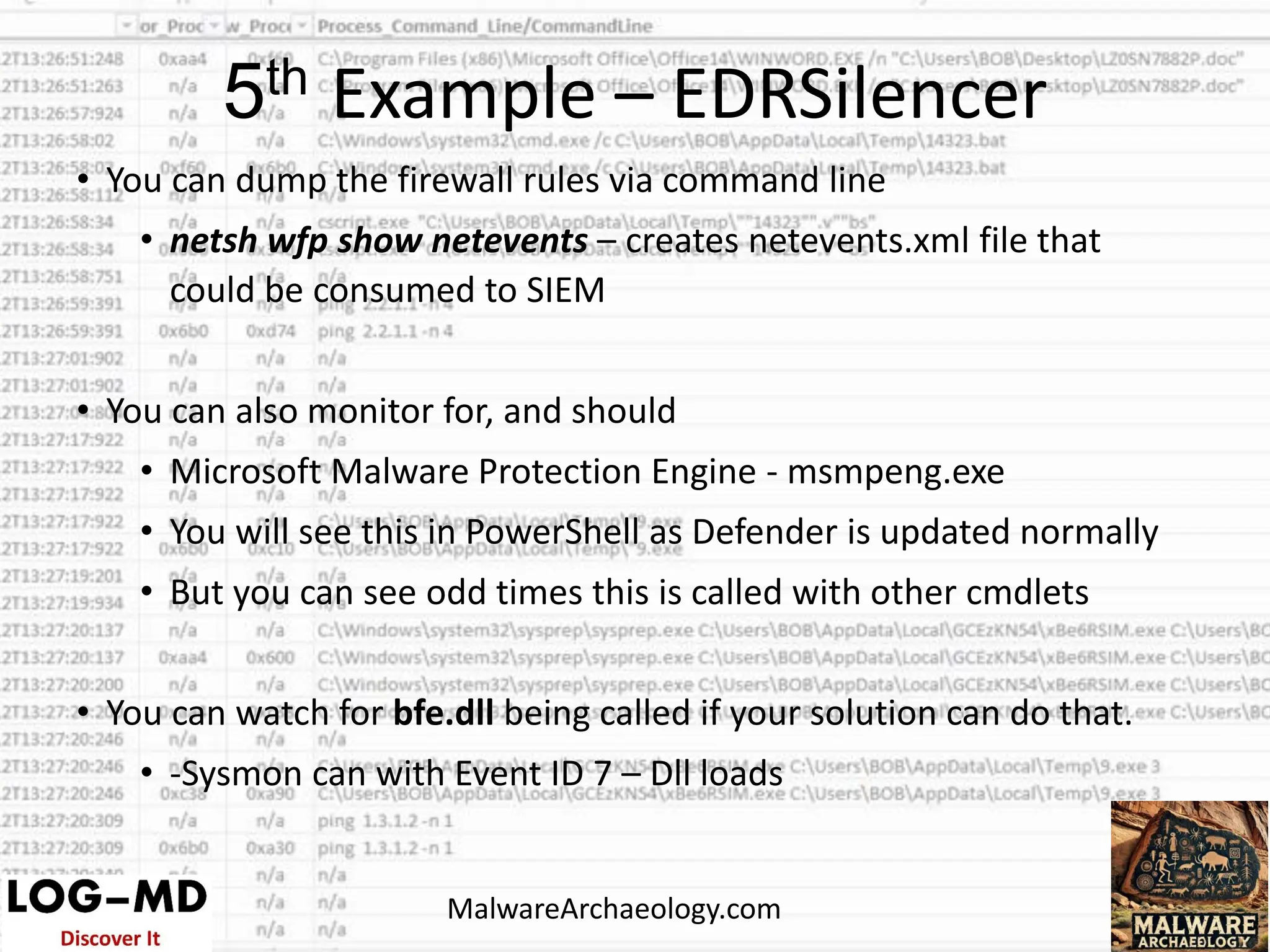 • You can dump the firewall rules via command line
• netsh wfp show netevents – creates netevents.xml file that
could be consumed to SIEM
• You can also monitor for, and should
• Microsoft Malware Protection Engine - msmpeng.exe
• You will see this in PowerShell as Defender is updated normally
• But you can see odd times this is called with other cmdlets
• You can watch for bfe.dll being called if your solution can do that.
• -Sysmon can with Event ID 7 – Dll loads
5th Example – EDRSilencer
MalwareArchaeology.com
 