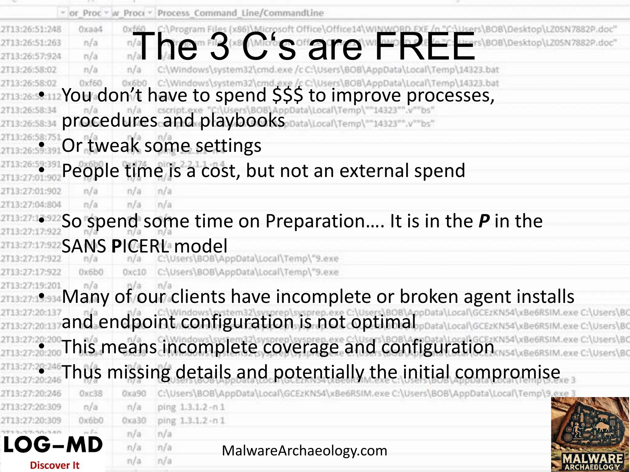 • You don’t have to spend $$$ to improve processes,
procedures and playbooks
• Or tweak some settings
• People time is a cost, but not an external spend
• So spend some time on Preparation…. It is in the P in the
SANS PICERL model
• Many of our clients have incomplete or broken agent installs
and endpoint configuration is not optimal
• This means incomplete coverage and configuration
• Thus missing details and potentially the initial compromise
The 3 C‘s are FREE
MalwareArchaeology.com
 