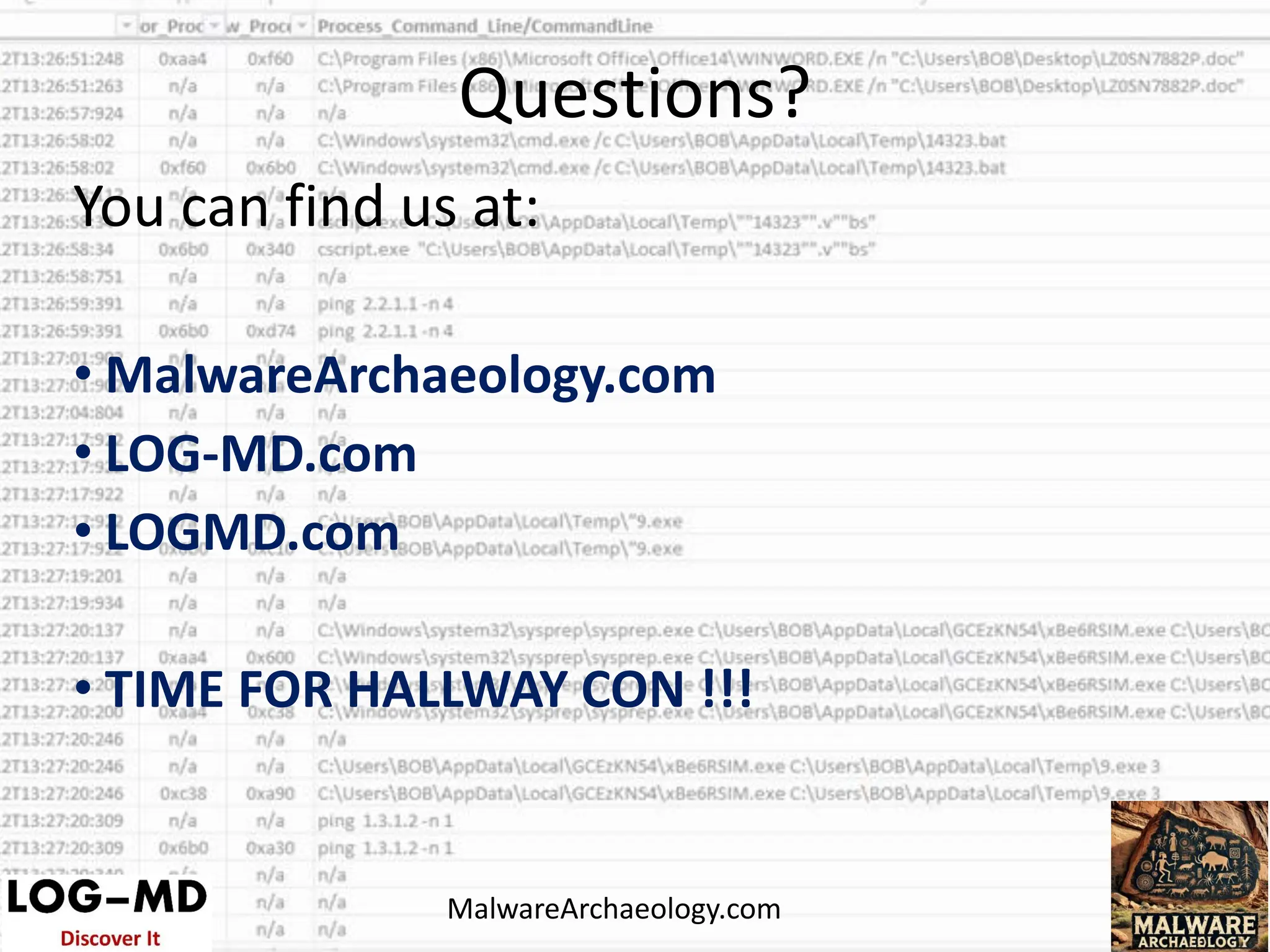 You can find us at:
• MalwareArchaeology.com
• LOG-MD.com
• LOGMD.com
• TIME FOR HALLWAY CON !!!
Questions?
MalwareArchaeology.com
 