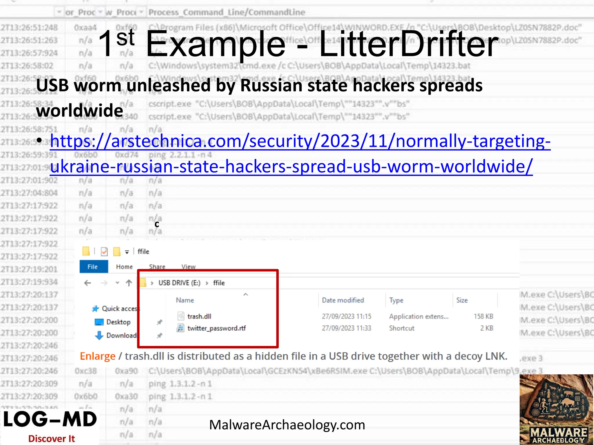 USB worm unleashed by Russian state hackers spreads
worldwide
• https://arstechnica.com/security/2023/11/normally-targeting-
ukraine-russian-state-hackers-spread-usb-worm-worldwide/
c
c
c
1st Example - LitterDrifter
MalwareArchaeology.com
 