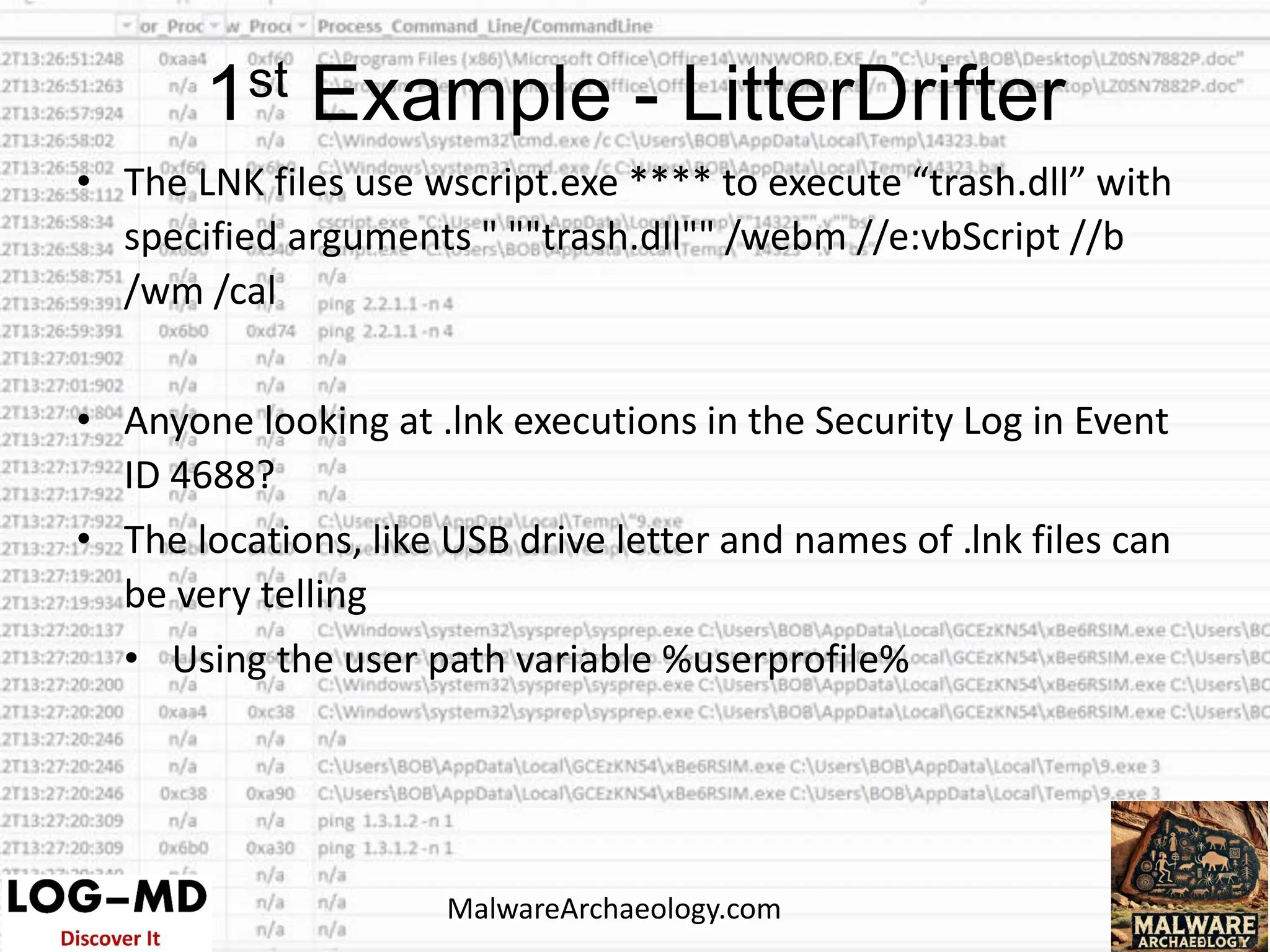 • The LNK files use wscript.exe **** to execute “trash.dll” with
specified arguments " ""trash.dll"" /webm //e:vbScript //b
/wm /cal
• Anyone looking at .lnk executions in the Security Log in Event
ID 4688?
• The locations, like USB drive letter and names of .lnk files can
be very telling
• Using the user path variable %userprofile%
1st Example - LitterDrifter
MalwareArchaeology.com
 