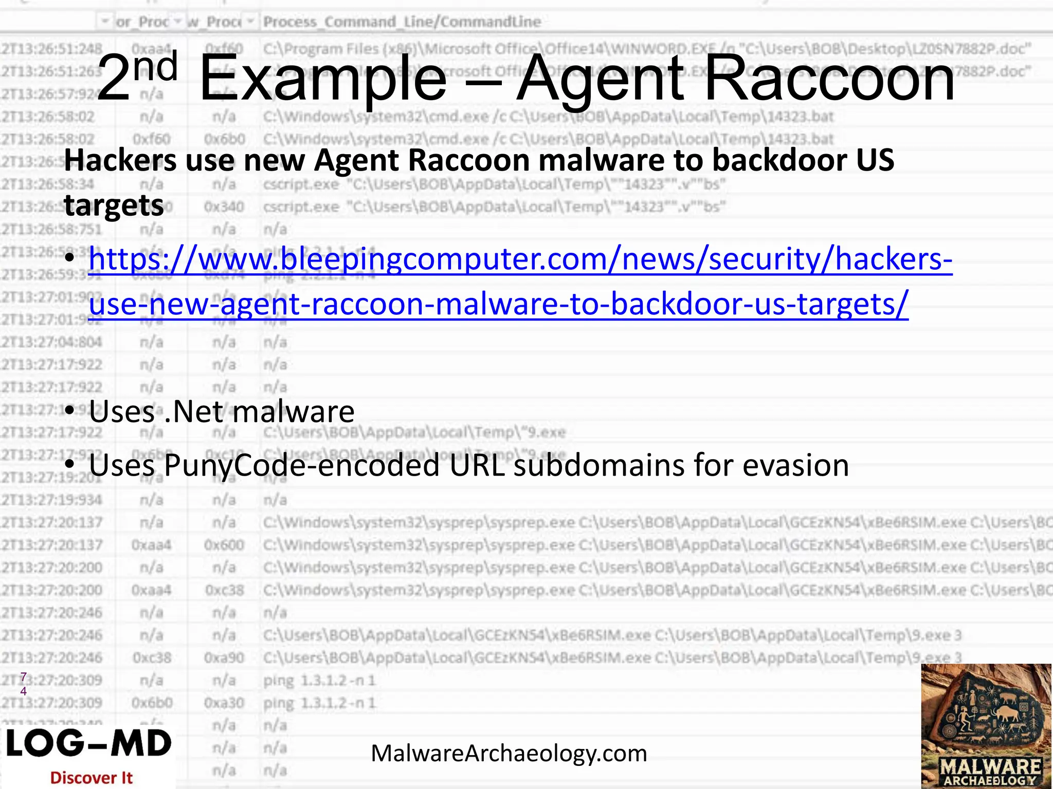 7
4
Hackers use new Agent Raccoon malware to backdoor US
targets
• https://www.bleepingcomputer.com/news/security/hackers-
use-new-agent-raccoon-malware-to-backdoor-us-targets/
• Uses .Net malware
• Uses PunyCode-encoded URL subdomains for evasion
2nd Example – Agent Raccoon
MalwareArchaeology.com
 