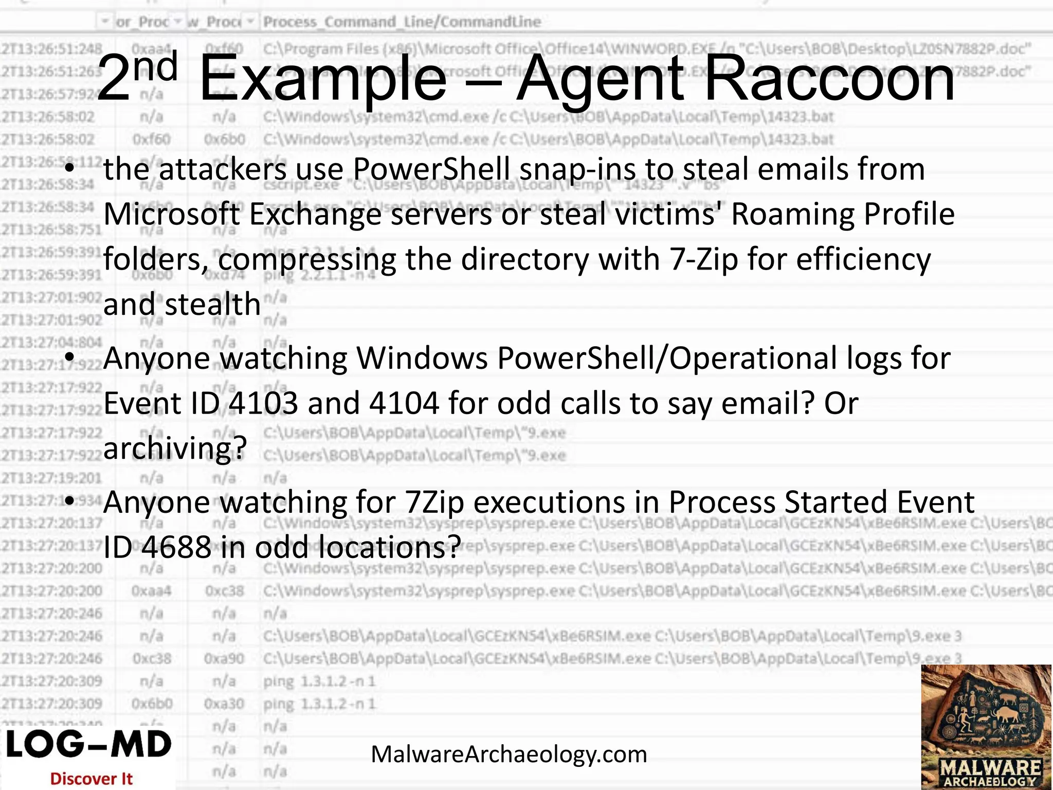 • the attackers use PowerShell snap-ins to steal emails from
Microsoft Exchange servers or steal victims' Roaming Profile
folders, compressing the directory with 7-Zip for efficiency
and stealth
• Anyone watching Windows PowerShell/Operational logs for
Event ID 4103 and 4104 for odd calls to say email? Or
archiving?
• Anyone watching for 7Zip executions in Process Started Event
ID 4688 in odd locations?
2nd Example – Agent Raccoon
MalwareArchaeology.com
 