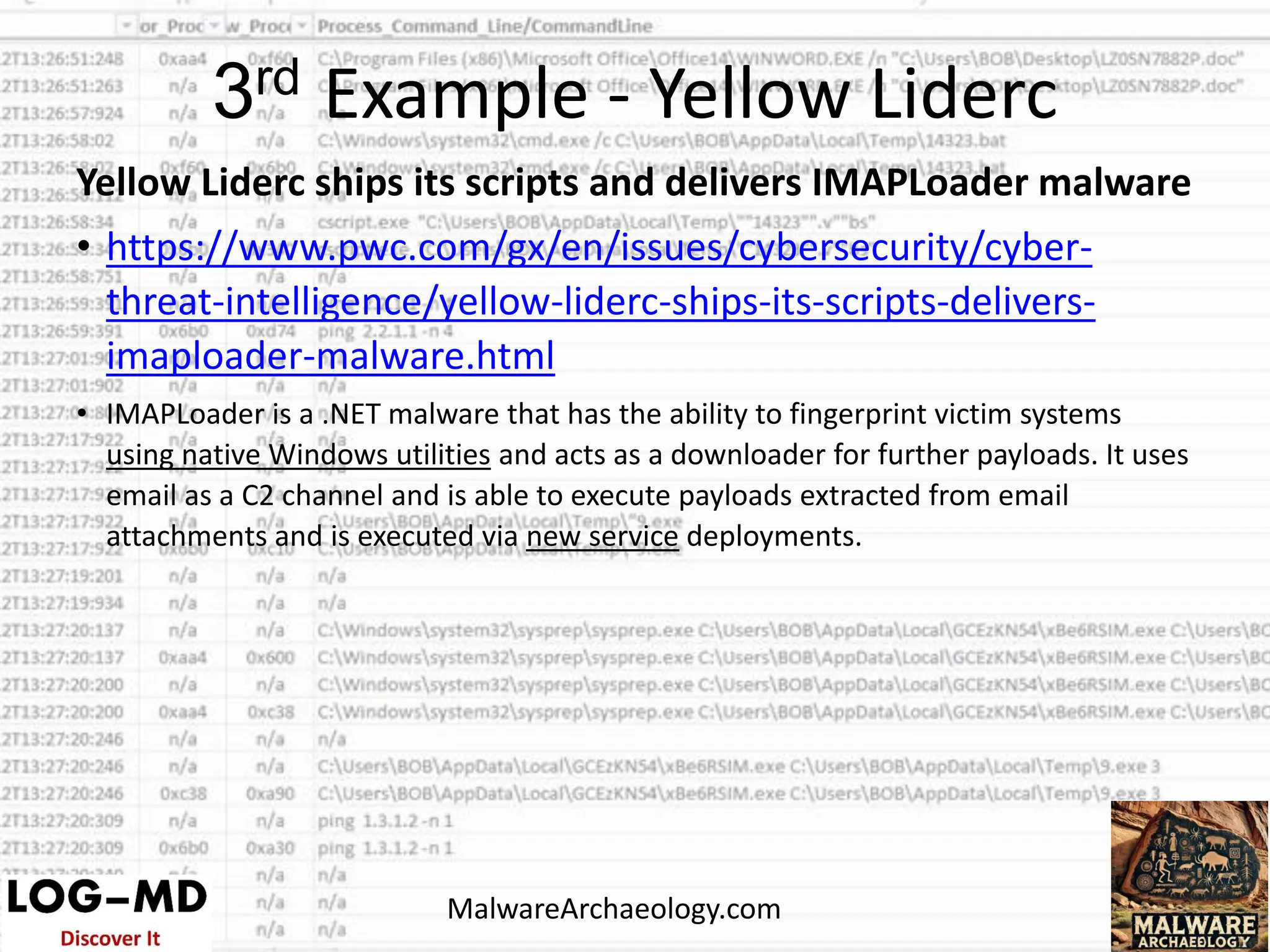 Yellow Liderc ships its scripts and delivers IMAPLoader malware
• https://www.pwc.com/gx/en/issues/cybersecurity/cyber-
threat-intelligence/yellow-liderc-ships-its-scripts-delivers-
imaploader-malware.html
• IMAPLoader is a .NET malware that has the ability to fingerprint victim systems
using native Windows utilities and acts as a downloader for further payloads. It uses
email as a C2 channel and is able to execute payloads extracted from email
attachments and is executed via new service deployments.
3rd Example - Yellow Liderc
MalwareArchaeology.com
 