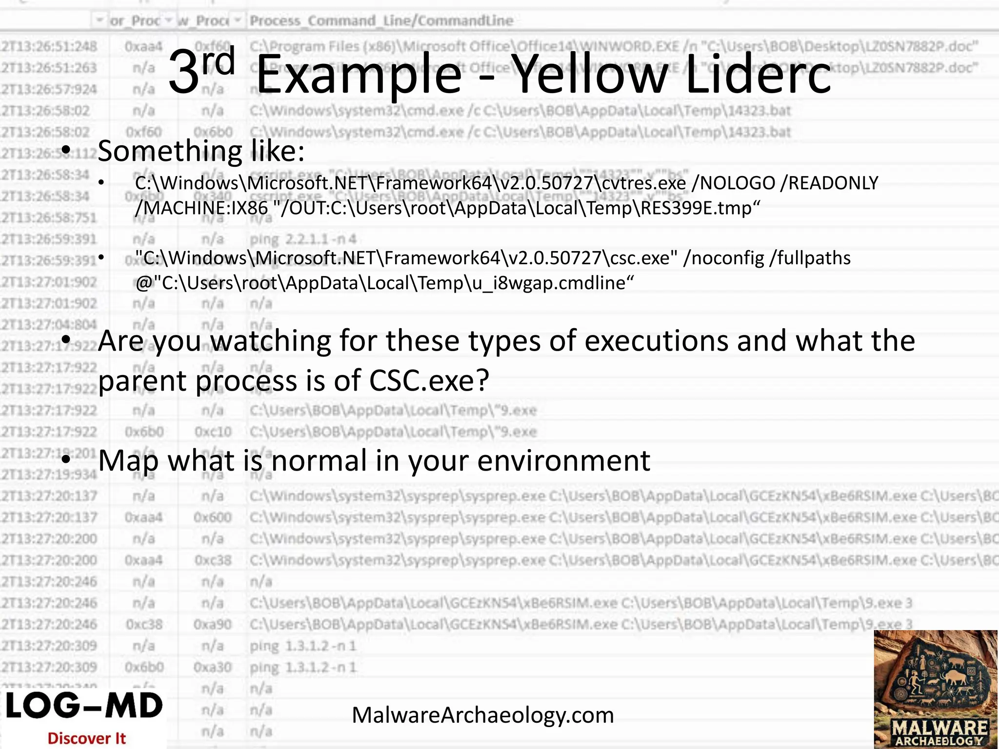 • Something like:
• C:WindowsMicrosoft.NETFramework64v2.0.50727cvtres.exe /NOLOGO /READONLY
/MACHINE:IX86 "/OUT:C:UsersrootAppDataLocalTempRES399E.tmp“
• "C:WindowsMicrosoft.NETFramework64v2.0.50727csc.exe" /noconfig /fullpaths
@"C:UsersrootAppDataLocalTempu_i8wgap.cmdline“
• Are you watching for these types of executions and what the
parent process is of CSC.exe?
• Map what is normal in your environment
3rd Example - Yellow Liderc
MalwareArchaeology.com
 
