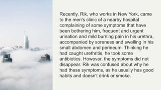 Recently, Rik, who works in New York, came
to the men's clinic of a nearby hospital
complaining of some symptoms that have
been bothering him, frequent and urgent
urination and mild burning pain in his urethra,
accompanied by soreness and swelling in his
small abdomen and perineum. Thinking he
had caught urethritis, he took some
antibiotics. However, the symptoms did not
disappear. Rik was confused about why he
had these symptoms, as he usually has good
habits and doesn't drink or smoke.
 