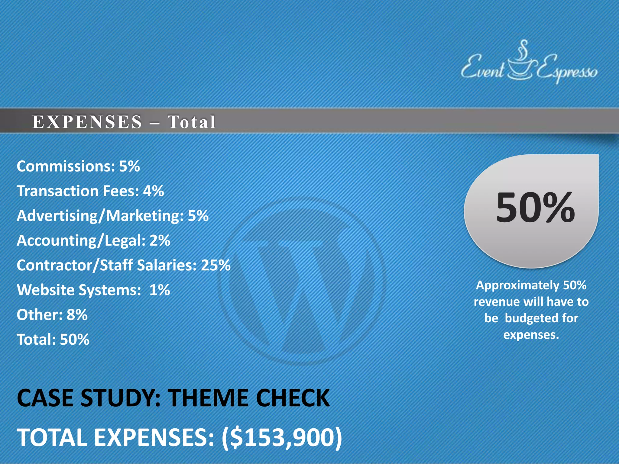 EXPENSES – Total

Commissions: 5%
Transaction Fees: 4%
Advertising/Marketing: 5%           50%
Accounting/Legal: 2%
Contractor/Staff Salaries: 25%
Website Systems: 1%              Approximately 50%
                                 revenue will have to
Other: 8%                          be budgeted for
Total: 50%                            expenses.



CASE STUDY: THEME CHECK
TOTAL EXPENSES: ($153,900)
 
