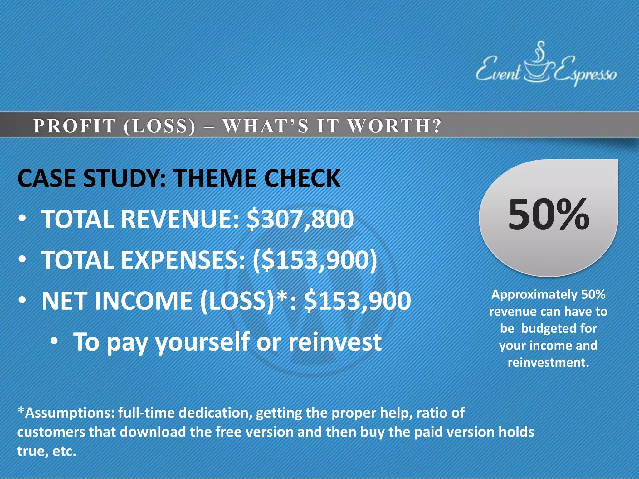 PROFIT (LOSS) – WHAT’S IT WORTH?

CASE STUDY: THEME CHECK
• TOTAL REVENUE: $307,800                                              50%
• TOTAL EXPENSES: ($153,900)
• NET INCOME (LOSS)*: $153,900                                       Approximately 50%
                                                                     revenue can have to
                                                                       be budgeted for
   • To pay yourself or reinvest                                       your income and
                                                                        reinvestment.


*Assumptions: full-time dedication, getting the proper help, ratio of
customers that download the free version and then buy the paid version holds
true, etc.
 