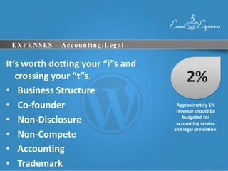 EXPENSES – Accounting/Legal

It’s worth dotting your “i”s and
   crossing your “t”s.                   2%
• Business Structure
• Co-founder                        Approximately 1%
                                    revenue should be
• Non-Disclosure                       budgeted for
                                    accounting service
                                   and legal protection.
• Non-Compete
• Accounting
• Trademark
 