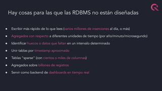 Hay cosas para las que las RDBMS no están diseñadas
● Escribir más rápido de lo que lees (varios millones de inserciones al día, o más)
● Agregados con respecto a diferentes unidades de tiempo (por año/minuto/microsegundo)
● Identiﬁcar huecos o datos que faltan en un intervalo determinado
● Unir tablas por timestamp aproximado
● Tablas “sparse” (con cientos o miles de columnas)
● Agregados sobre billones de registros
● Servir como backend de dashboards en tiempo real
 