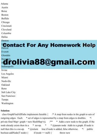 Atlanta
Austin
Boise
Boston
Buffalo
Chicago
Cincinnati
Cleveland
Columbia
Dallas
Denton
Denver
Detroit
Everett
Glendale
Honolulu
Houston
Indianapolis
Irvine
Los Angeles
Miami
Nashville
Oakland
Reno
Salt Lake City
San Francisco
Tampa
Washington
Solution
class GraphFindAllPaths implements Iterable { /* A map from nodes in the graph to sets of
outgoing edges. Each * set of edges is represented by a map from edges to doubles. */
private final Map> graph = new HashMap>(); /** * Adds a new node to the graph. If the
node already exists then its a * no-op. * * @param node Adds to a graph. If node is
null then this is a no-op. * @return true if node is added, false otherwise. */ public
boolean addNode(T node) { if (node == null) { throw new
 