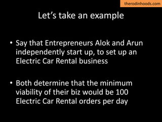 therodinhoods.com
Let’s take an example
• Say that Entrepreneurs Alok and Arun
independently start up, to set up an
Electric Car Rental business
• Both determine that the minimum
viability of their biz would be 100
Electric Car Rental orders per day
 