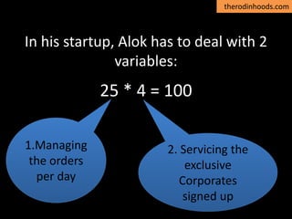 therodinhoods.com
In his startup, Alok has to deal with 2
variables:
25 * 4 = 100
1.Managing
the orders
per day
2. Servicing the
exclusive
Corporates
signed up
 
