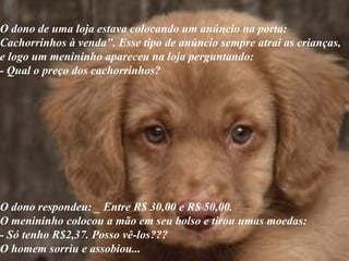 O dono de uma loja estava colocando um anúncio na porta:  Cachorrinhos à venda". Esse tipo de anúncio sempre atrai as crianças, e logo um menininho apareceu na loja perguntando:  - Qual o preço dos cachorrinhos?  O dono respondeu: _ Entre R$ 30,00 e R$ 50,00.  O menininho colocou a mão em seu bolso e tirou umas moedas:  - Só tenho R$2,37. Posso vê-los??? O homem sorriu e assobiou... 