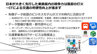 10
• 有償データ前提のビジネスモデルがスマホ時代に合致せず
– B2B向けサービス（出張精算等）を重視、競争の主戦場であるC向けに注力できず
• 地図との連携や運行情報の充実など「その場・その時」のメディアになり切れない
• データ整備が重荷・都市部中心に
– オープンデータにしたバスのリアルタイムデータの取り込みが進まず
– 地方、過疎地などの交通利便性向上に存在感なし
• 交通事業者のITサービスは発展途上
– 各社バラバラで使いにくいアプリ、チケットシステム
• えきねっと、モバイルSuica、エクスプレス予約･･････
– 分かりにくいバスロケアプリ
日本が大きく先行した乗換案内の競争力は風前の灯火
→ITによる交通の利便性向上が進まず
 