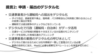 • 交通事業者から運輸局への届出をデジタル化
– ダイヤ改正、路線変更や廃止、臨時便、バス停新設など利用者に関わるほとんど
の変更に届出が発生
– 運輸局では過当競争のチェックなどを行っている
• デジタル化で行政（運輸局・自治体）がデータ活用
– 交通サービスが地域の移動を十分支えているか品質のモニタリング
– データを活用した地域交通のプランニング
• 交通事業者の業務のデジタル化の呼び水として
– デジタルで届け出るためには社内情報が一貫して管理されている必要
– 業務の効率化に加え、MaaSに必要な柔軟なオペレーションを実現するために
提言2: 申請・届出のデジタル化
20
 