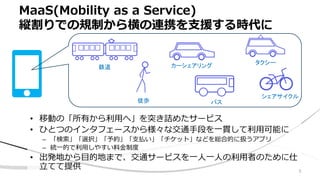 MaaS(Mobility as a Service)
縦割りでの規制から横の連携を支援する時代に
• 移動の「所有から利用へ」を突き詰めたサービス
• ひとつのインタフェースから様々な交通手段を一貫して利用可能に
– 「検索」「選択」「予約」「支払い」「チケット」などを総合的に扱うアプリ
– 統一的で利用しやすい料金制度
• 出発地から目的地まで、交通サービスを一人一人の利用者のために仕
立てて提供
徒歩
鉄道 カーシェアリング
バス
タクシー
シェアサイクル
5
 