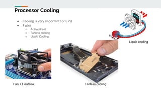 Processor Cooling
● Cooling is very important for CPU
● Types
○ Active (Fan)
○ Fanless cooling
○ Liquid Cooling
Fan + Heatsink Fanless cooling
Liquid cooling
 