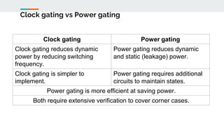 Clock gating vs Power gating
Clock gating Power gating
Clock gating reduces dynamic
power by reducing switching
frequency.
Power gating reduces dynamic
and static (leakage) power.
Clock gating is simpler to
implement.
Power gating requires additional
circuits to maintain states.
Power gating is more efficient at saving power.
Both require extensive verification to cover corner cases.
 