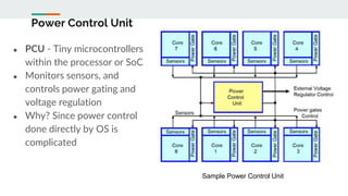 Power Control Unit
● PCU - Tiny microcontrollers
within the processor or SoC
● Monitors sensors, and
controls power gating and
voltage regulation
● Why? Since power control
done directly by OS is
complicated
Sample Power Control Unit
 