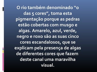 O rio também denominado “o
das 5 cores”, toma esta
pigmentação porque as pedras
estão cobertas com musgo e
algas. Amarelo, azul, verde,
negro e roxo são as suas cinco
cores escandalosos, que se
explicam pela presença de algas
de diferentes cores que fazem
deste canal uma maravilha
visual.
 