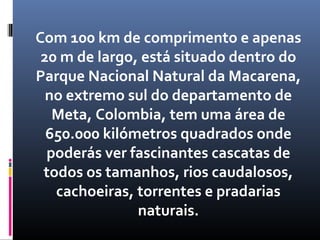 Com 100 km de comprimento e apenas
20 m de largo, está situado dentro do
Parque Nacional Natural da Macarena,
no extremo sul do departamento de
Meta, Colombia, tem uma área de
650.000 kilómetros quadrados onde
poderás ver fascinantes cascatas de
todos os tamanhos, rios caudalosos,
cachoeiras, torrentes e pradarias
naturais.
 