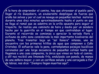 A la hora de emprender el camino, hay que atravesar el pueblo para llegar al río Guayabero, un exuberante despliegue de fuerza que araña las selvas y por el cual se navega en pequeñas lanchas  motoras durante unos diez minutos aproximadamente hasta el punto en que se llega al ramal que se adentra en la orilla opuesta para seguir el trayecto. Se realiza una caminata de hora y media por un sendero hecho por la guerrilla en el tiempo en que controlaban el lugar. Durante el recorrido se comienza a apreciar la variada flora y avifauna de esta zona considerada la más importante biodiversa del planeta. Tras transitar bajo un “sol llanero” intenso, uno se encuentra con los primeros hilillos de agua que componen a Caño Cristales.   El esfuerzo vale la pena, contemplamos paisajes bucólicos coronados por una larga secuencia de pequeñas colinas hasta que llegamos a una casa campesina, la única que vimos en todo el camino, y allí nos recibió una limonada fría, endulzada con panela, de manos de una señora mayor, y con un cariñoso saludo y una carcajada a flor de labios, nos dice: “Siempre llegan muertos aquí”.  