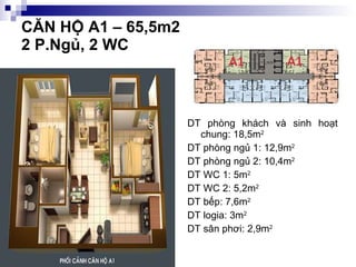 CĂN HỘ A1 – 65,5m2  2 P.Ngủ, 2 WC DT phòng khách và sinh hoạt chung: 18,5m 2 DT phòng ngủ 1: 12,9m 2 DT phòng ngủ 2: 10,4m 2 DT WC 1: 5m 2 DT WC 2: 5,2m 2 DT bếp: 7,6m 2 DT logia: 3m 2 DT sân phơi: 2,9m 2 