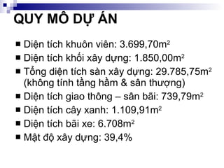 Diện tích khuôn viên: 3.699,70m 2 Diện tích khối xây dựng: 1.850,00m 2 Tổng diện tích sàn xây dựng: 29.785,75m 2  (không tính tầng hầm & sân thượng) Diện tích giao thông – sân bãi: 739,79m 2 Diện tích cây xanh: 1.109,91m 2 Diện tích bãi xe: 6.708m 2 Mật độ xây dựng: 39,4% QUY MÔ DỰ ÁN 