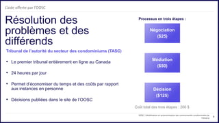 9
OOSC | Mobilisation et autonomisation des communautés condominiales de
l’Ontario
L’aide offerte par l’OOSC
Coût total des trois étapes : 200 $
Processus en trois étapes :
Résolution des
problèmes et des
différends
Tribunal de l’autorité du secteur des condominiums (TASC)
• Le premier tribunal entièrement en ligne au Canada
• 24 heures par jour
• Permet d’économiser du temps et des coûts par rapport
aux instances en personne
• Décisions publiées dans le site de l’OOSC
Négociation
($25)
Médiation
($50)
Décision
($125)
 